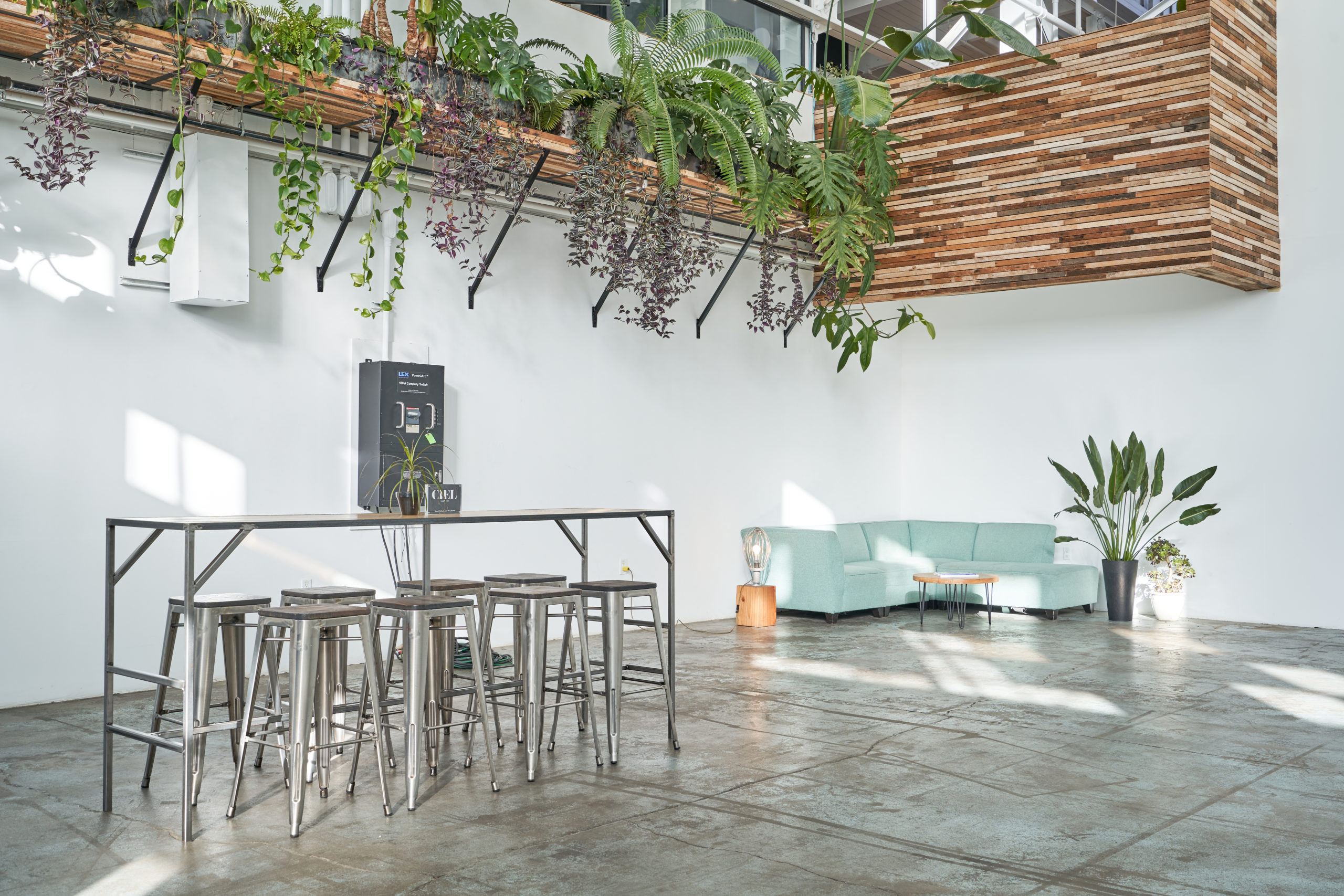 A close up view of tall backless chairs around an industrial table on the left. A black power box sits behind it on the white wall and a teal couch with a coffee table is to the right. Studio 4 also has green plants hanging from the ceiling in this multimedia studio space.