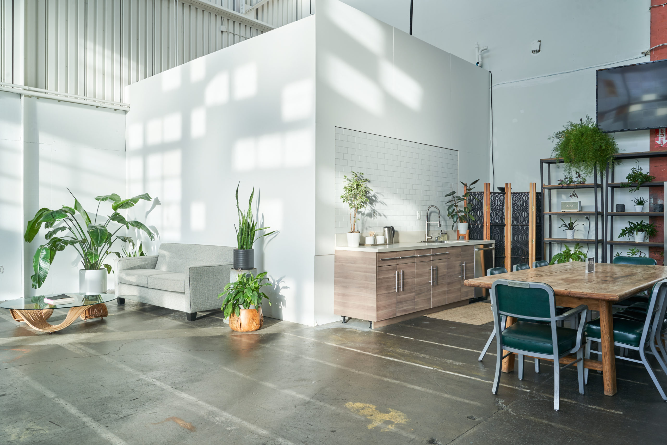 This creative studio space for rent has a small gray sofa surrounded by green potted plants. It also features a little kitchen area as well as a large wooden table surrounded by green chairs. There's even shelves full of plants and a TV on the wall.