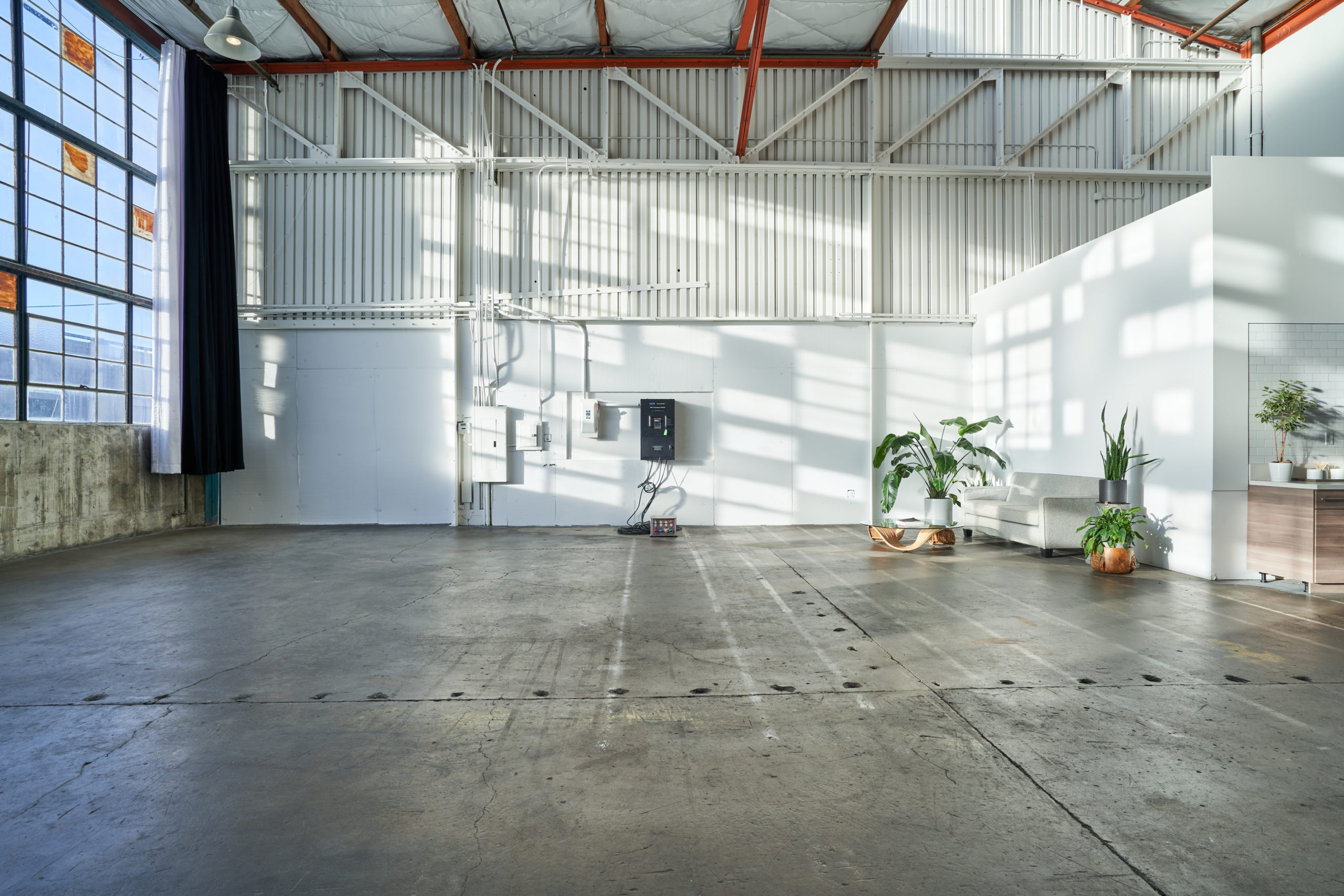 View of the white panel wall inside Studio 8. Plenty of potted green plants and lots of natural light inside this creative studio space for rent.