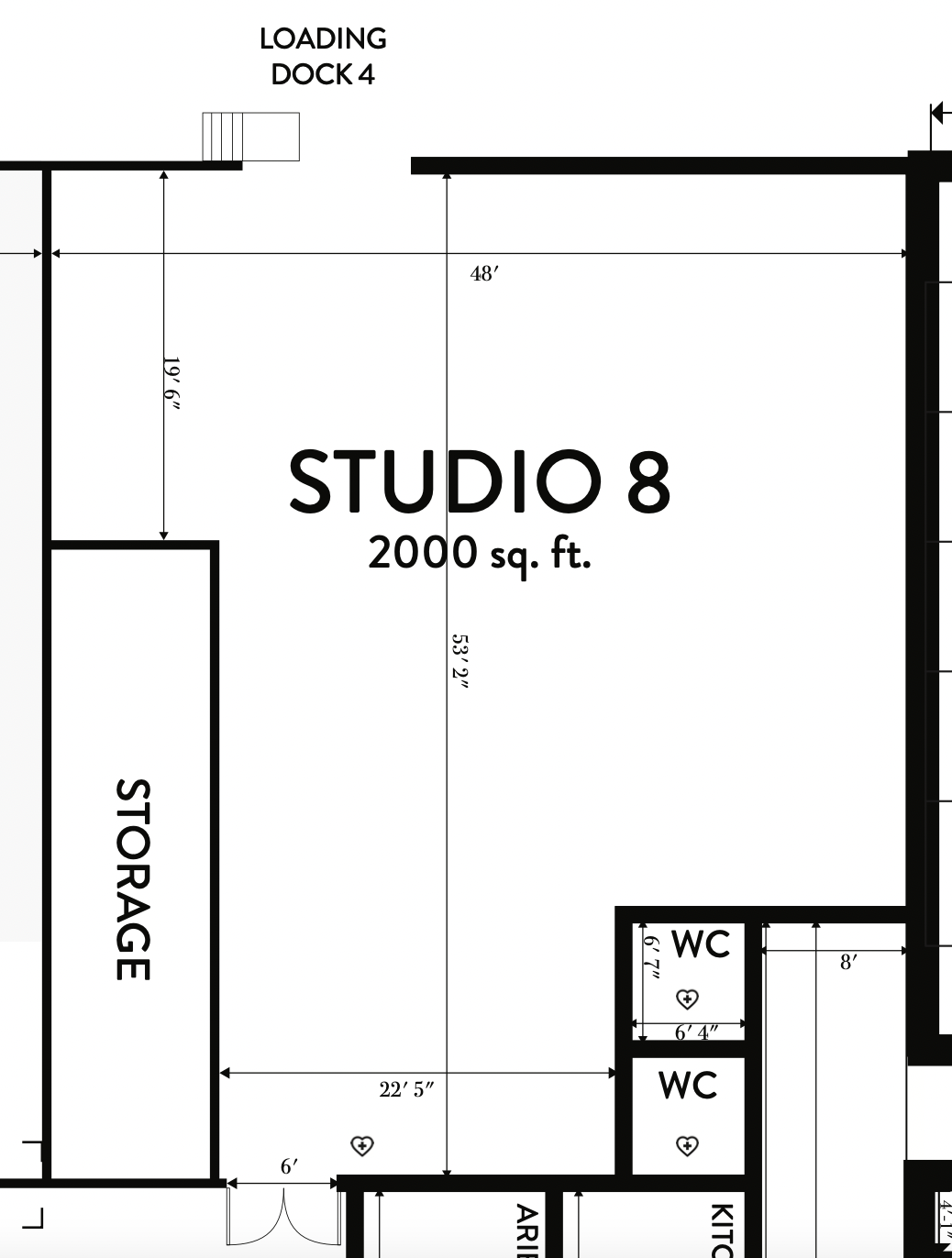 This black and white floor plan of this 2000-square foot space includes a loading dock, two bathrooms, and a storage area that make this the ideal creative studio space for rent.