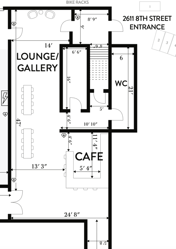 The black and white floor plan shows the cafe has a bathroom, a gallery, a cafe, and a sitting area that is just over 13 feet wide inside the best shared offices Berkeley has to offer.