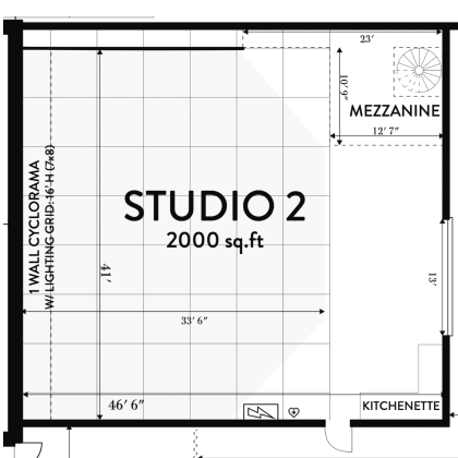 A large, multi-level production studio space floor plan.