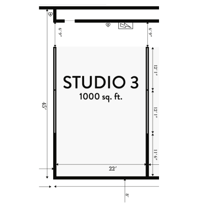 A floor plan of a small, rectangular creative space studio