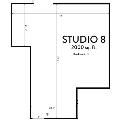 A floor plan of an oblong creative studio rental in the Bay Area.