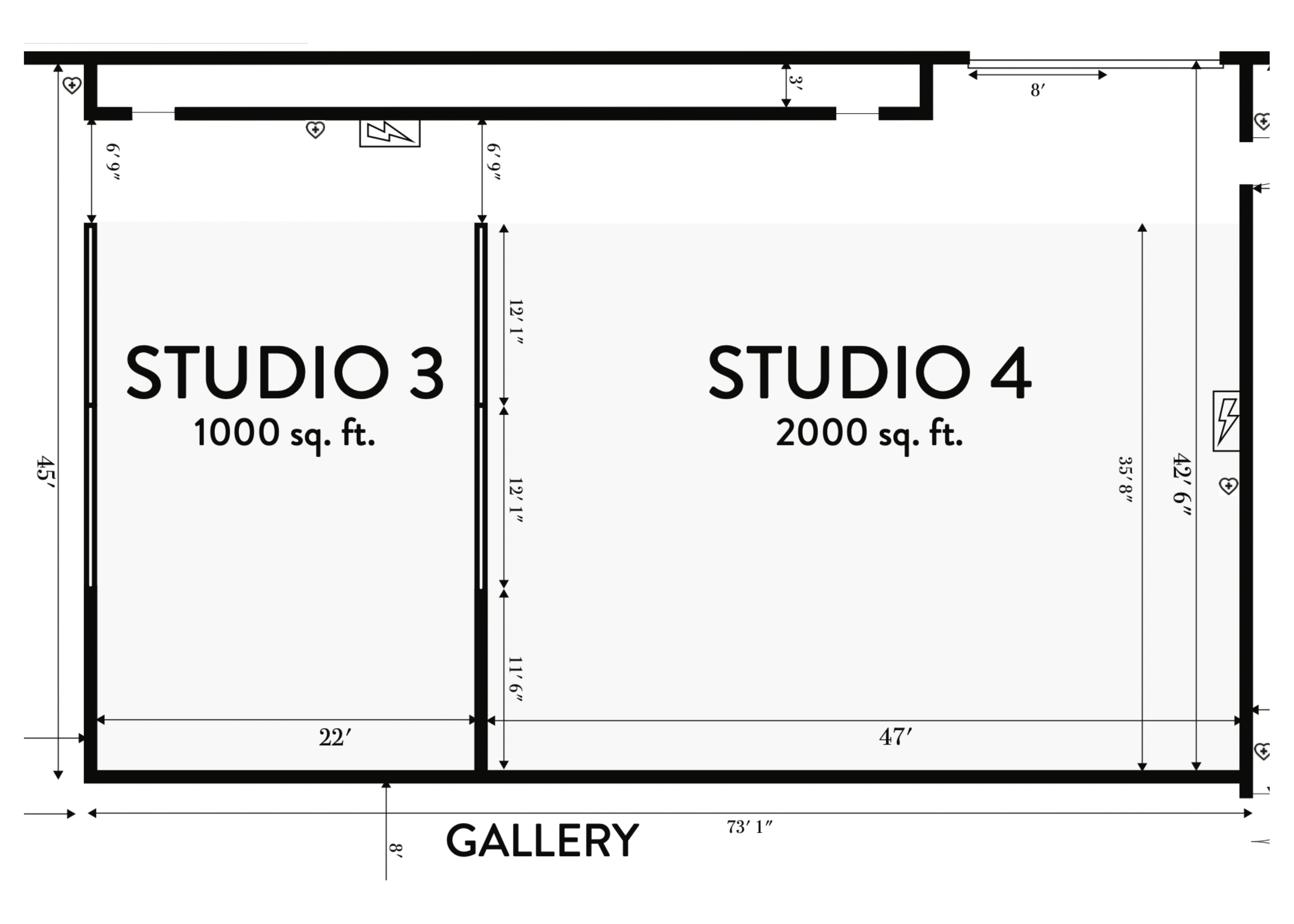 A black and white floor plan that shows direct access between Studio 3 and the 2000 square feet of space in Studio 4. This multimedia studio space is also surrounded by a gallery.