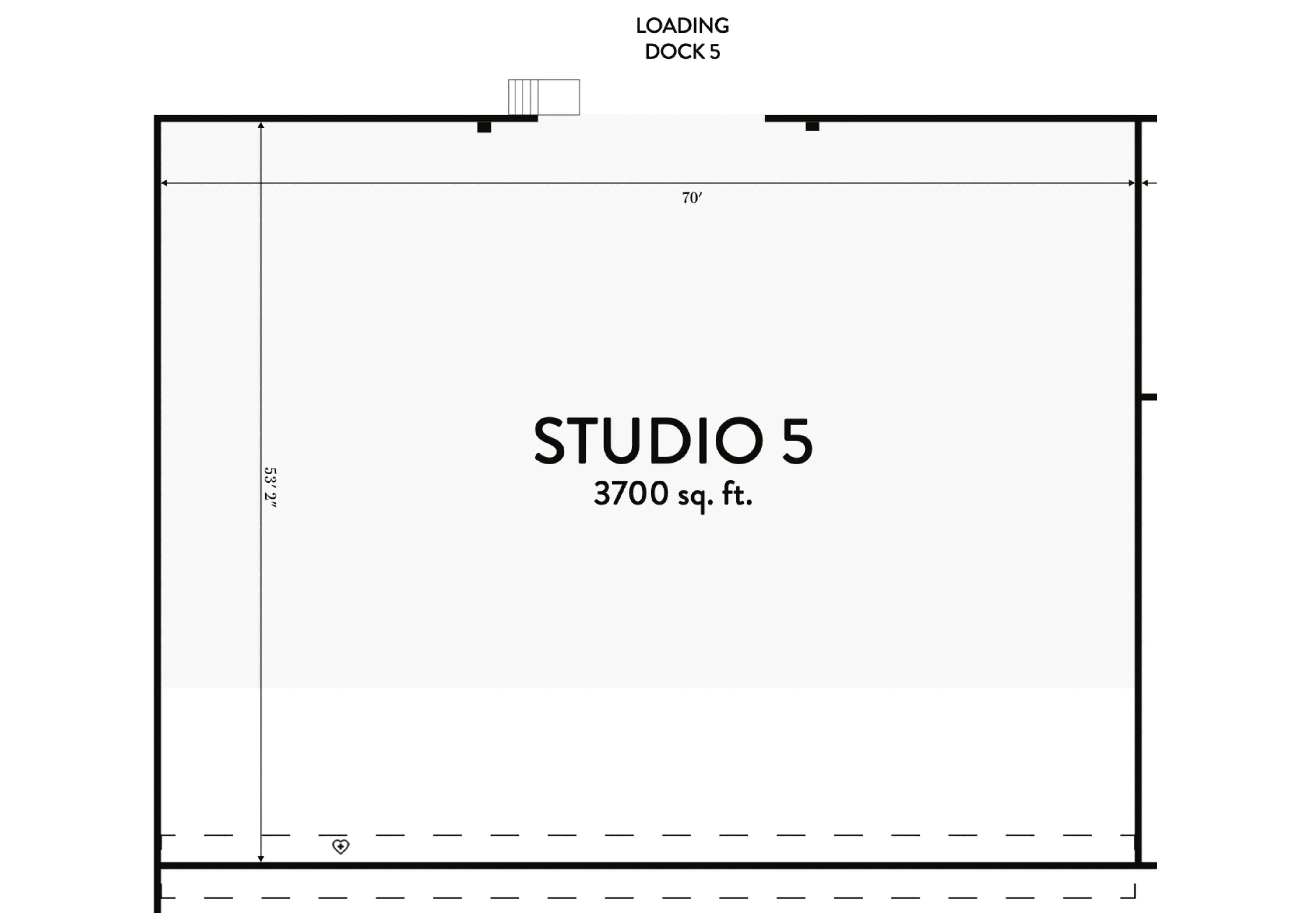 A black and white blueprint of Studio 5 with its 3700 square feet of space and a private loading dock. This is the best multiple set studio rental Berkeley has that measures 70 feet by 53 feet and 2 inches.