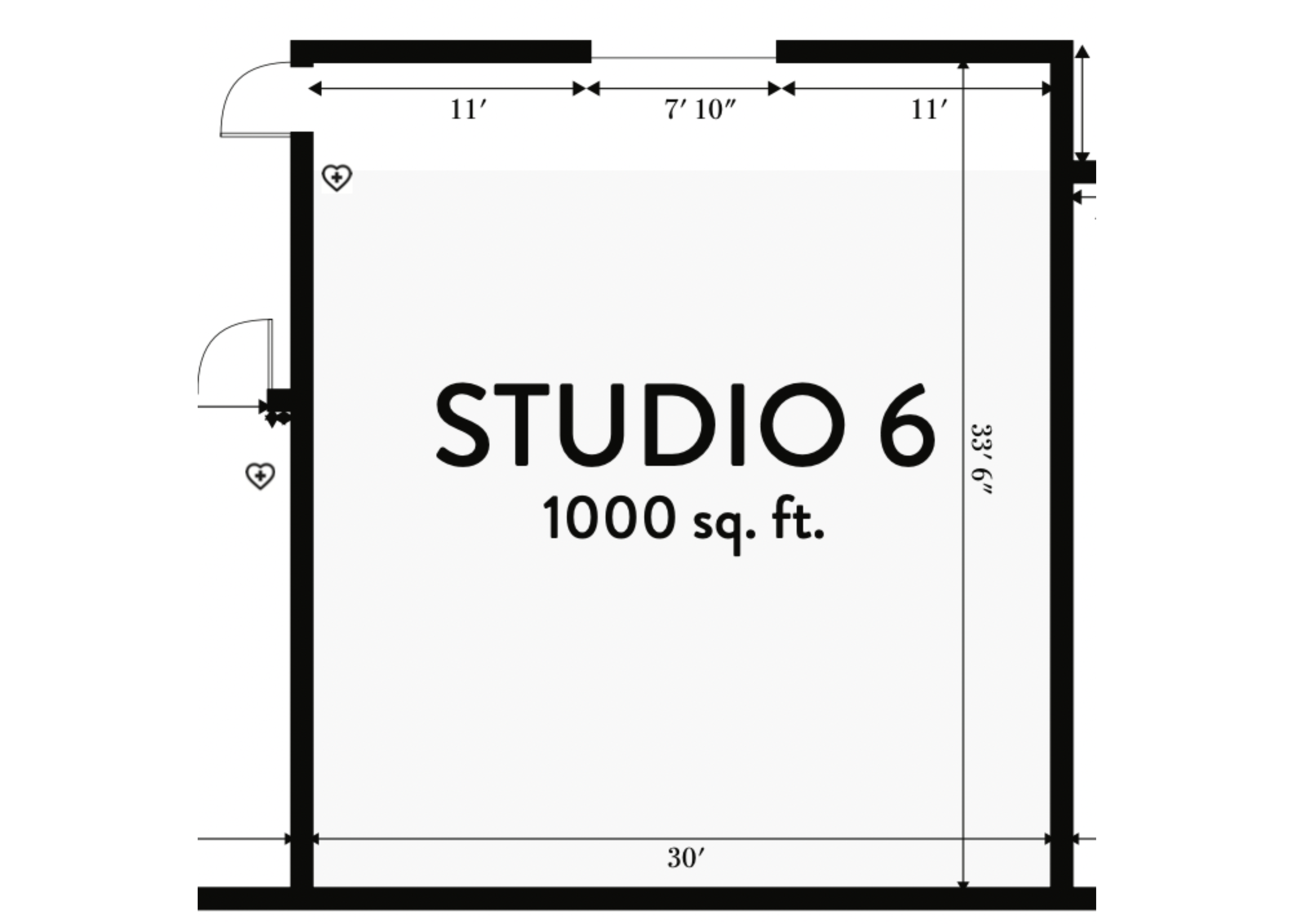 Black and white blueprint of Studio 6. This production studio rental features 1000 square feet of space and 23 foot tall ceilings.